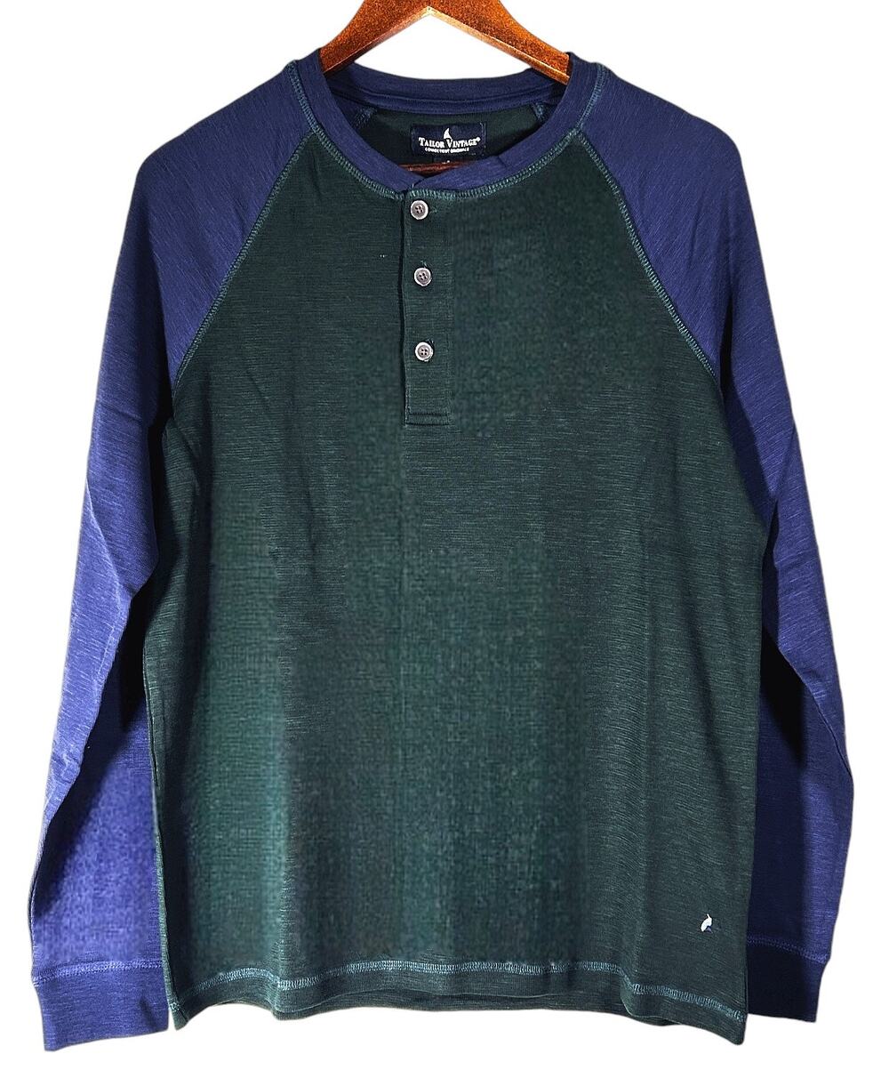 NWT Tailor Vintage Airotec Long Sleeve Green & Navy Henley Small